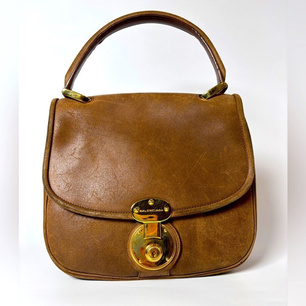 Vintage Balenciaga Brown Suede Bag – 70s Top Handle with Gold Turn Lock